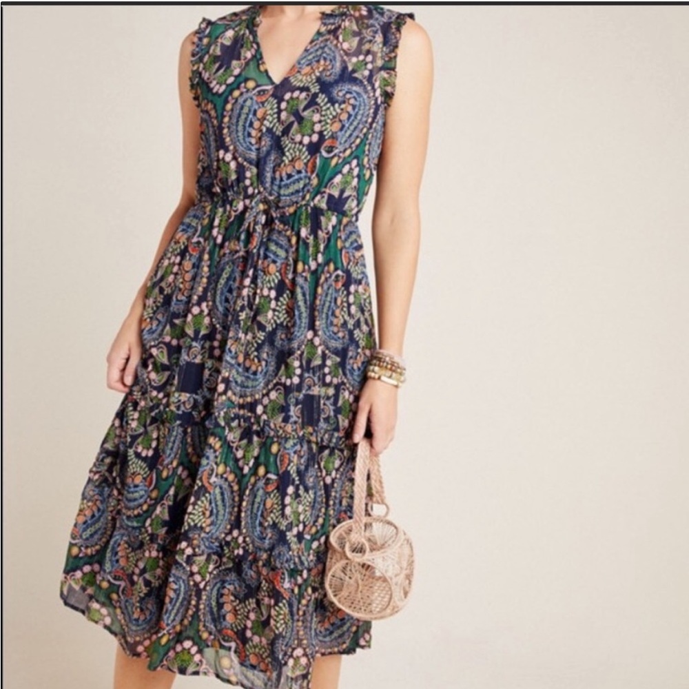 Anthropologie Elmira Paisley Floral Sleeveless Metallic Midi Dress